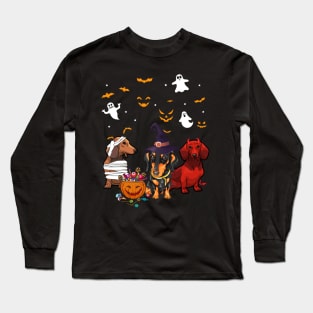 Funny Three Dachshund Halloween Gift Shirt Long Sleeve T-Shirt